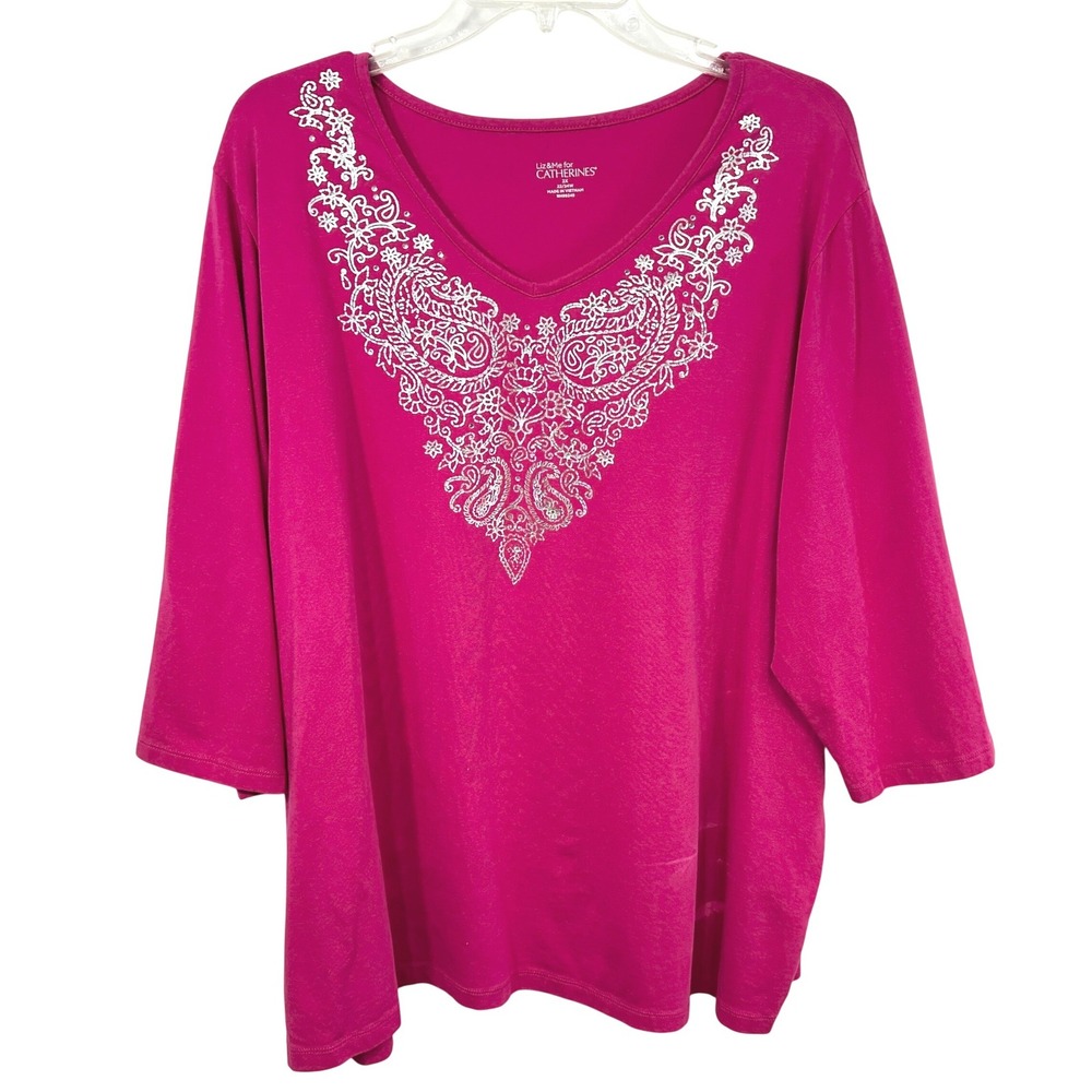 Catherines Liz & Me Plus Size 22/24W Top 2X Hot Pink Rhinestone Maximalism 1828